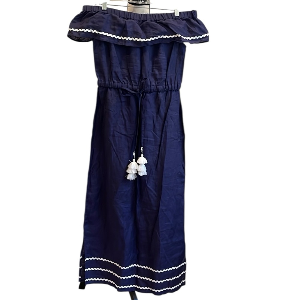 Pomegranate Navy Blue Linen Dress Off the Shoulder Maxi Small NWT Vacation New